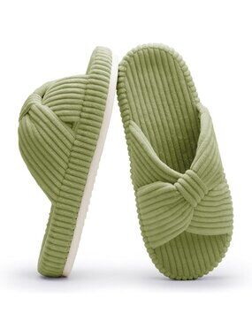 Women's Green Memory Foam House Corduroy Bow Crossbands Comfy Soft Slipper Shoes